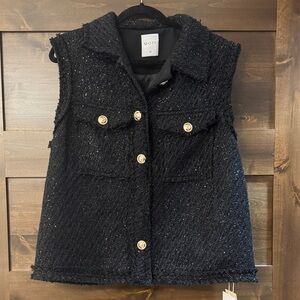 Shiny Black Women Vest with Gold Buttons